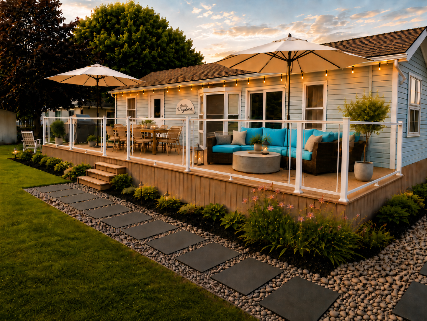 Spacious cottage deck with outdoor lounge and dining area at sunset